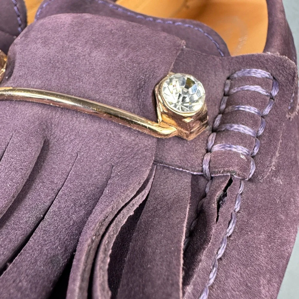 Tods Gommino Purple Suede Kiltie Fringe Crystal Driving Moccasins Size 36 Italy